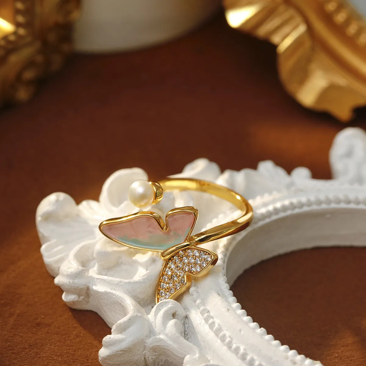 Custom Gold Wedding Band Set-Copper 18K Gold Plated Enamel Inlay Butterfly Artificial Pearls Zircon Open Rings