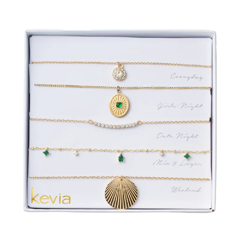 Gold Charm Necklace-Textured Gold Charm & Green Stone Necklace Set