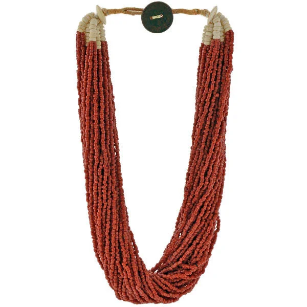 Red Coral Necklace-Vintage African Coral & Bone Beads Multi Strand Necklace