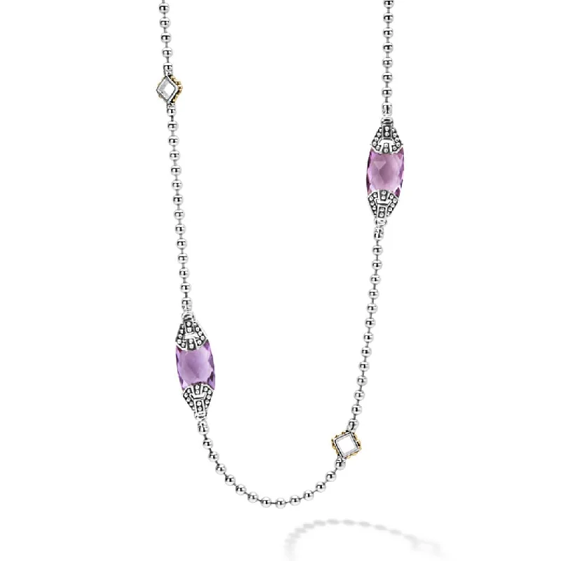 Double Gemstone Necklace-Caviar Color Six Station Amethyst Necklace