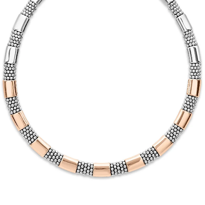 Unique Silver Necklace-High Bar Rose Gold Station Caviar Necklace | 12mm