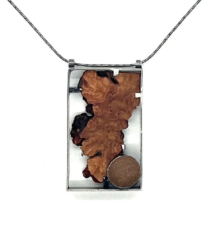 Custom Silver Pendant Necklace-Wood Slice and Rock Pendant