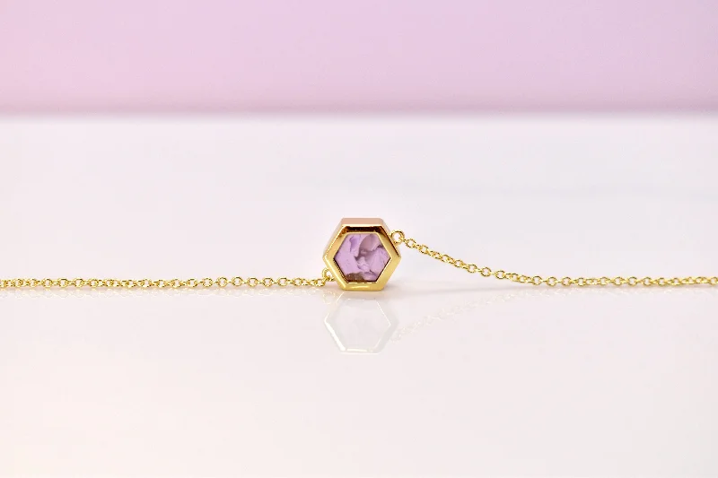 Layered Crystal Necklace-Simple Geometric Hexagon Necklace with Amethyst Marbled Clay