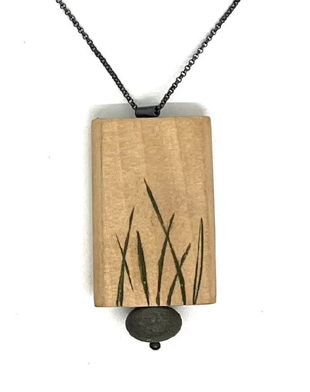 Personalized Silver Pendant Necklace-Carved Wood and Rock Necklace