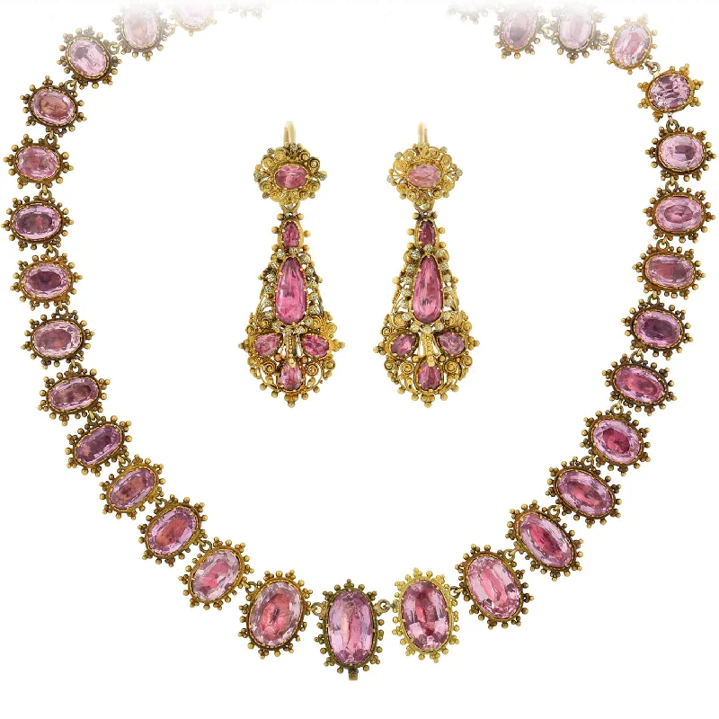 Handmade Chain Necklace-Georgian Rare 18kt Foil-Back Pink Topaz Necklace + Earring Demi-Parure Set