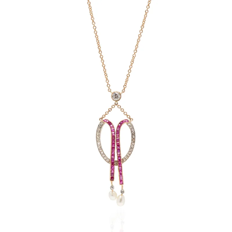 Luxury Ruby Necklace-Edwardian 18kt/Platinum Diamond, Calibrated Ruby + Natural Pearl Necklace