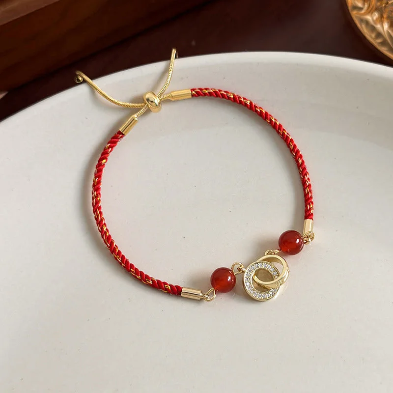 Women’s Gold Beaded Bracelet-Ethnic Style Round Red Rope Copper Plating Gold Plated Women's Bracelets