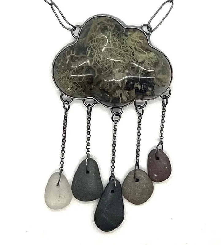 Geometric Pendant Necklace-Lichen Resin Cloud and Rock Necklace