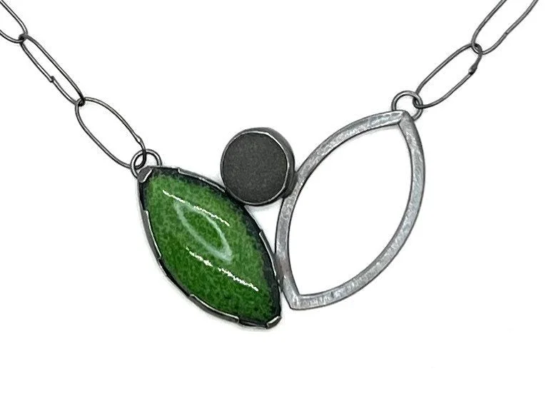 Birthstone Silver Necklace-2 Leaf Rock and Enamel Necklace