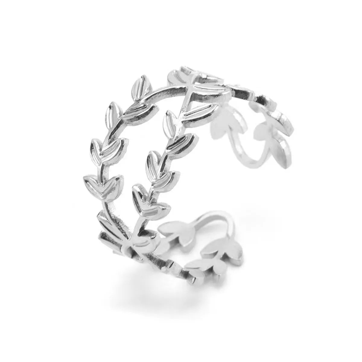 Silver Band Ring with Diamonds-Casual French Style Leaf Stainless Steel Plating 18k Gold Plated Open Rings