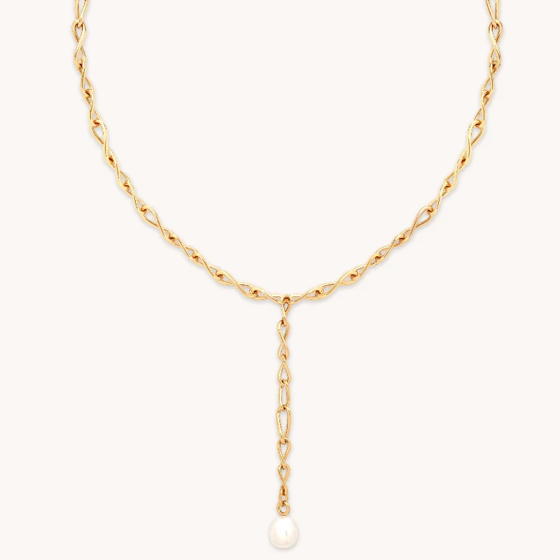 Modern Silver Necklace-Infinite Pearl Bold Lariat Necklace in Gold