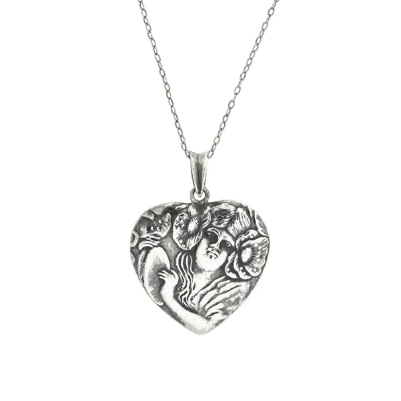 Sterling Silver Pendant Necklace-Art Nouveau Sterling Repousse Heart-Shaped Pendant Necklace