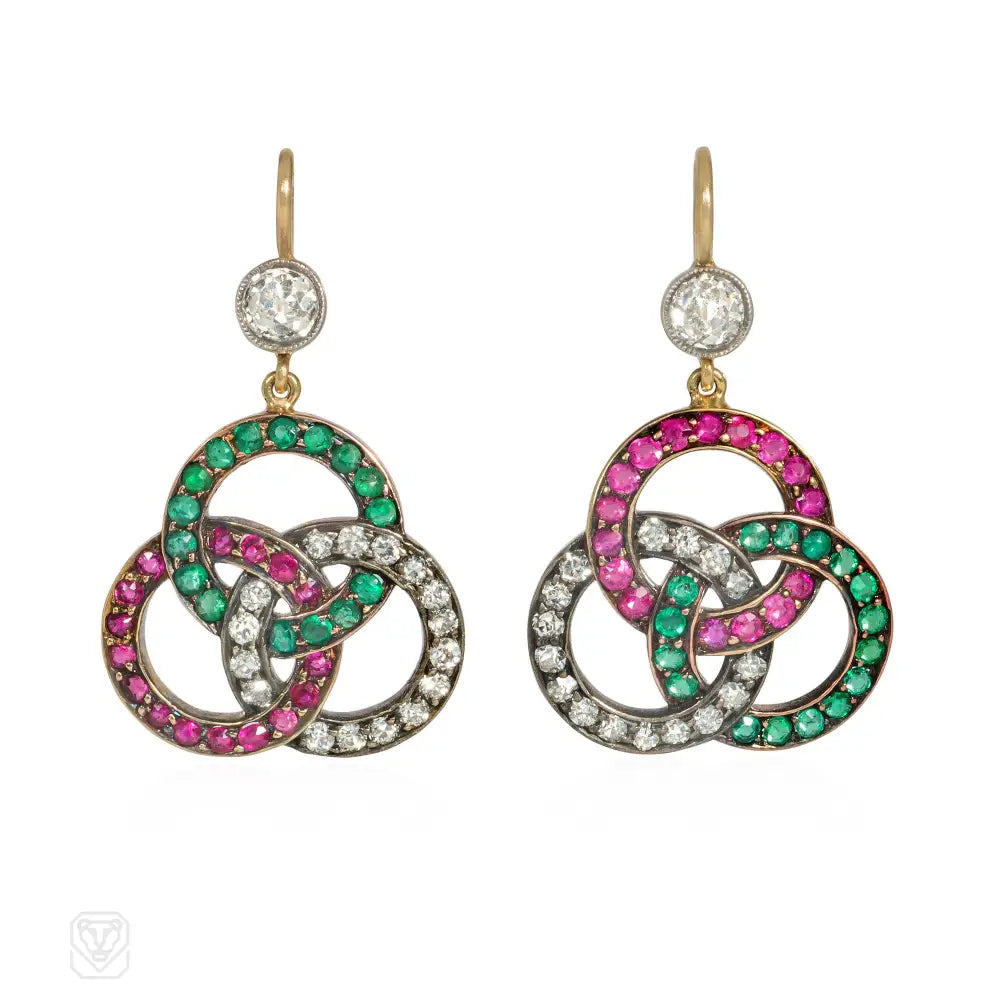 Designer Silver Earrings-Victorian gemset trefoil earrings