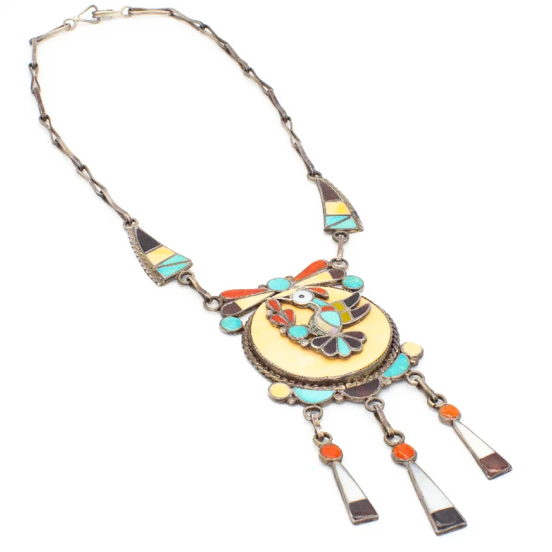 Wedding Necklace for Bridesmaids-Theodore Edaakie Zuni Handmade Multi-Inlay Sterling Silver Necklace