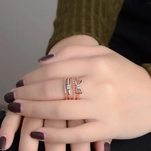 Elegant Silver Ring-Copper Elegant Lady Sweet Inlay Bow Knot Zircon Open Rings