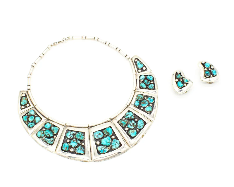 Multi-Layer Necklace for Women-Frank Patania Sr. Thunderbird Shop Handmade Sterling Silver Turquoise Necklace & Earrings Set