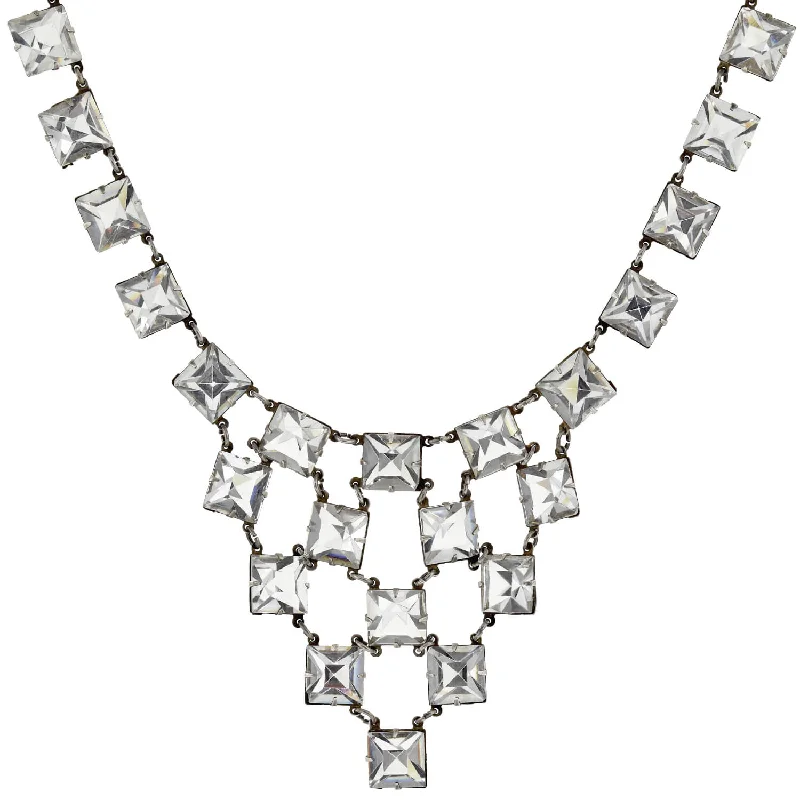 Vintage Gemstone Necklace-Art Deco Sterling Silver Square Cut Crystal Festoon Necklace