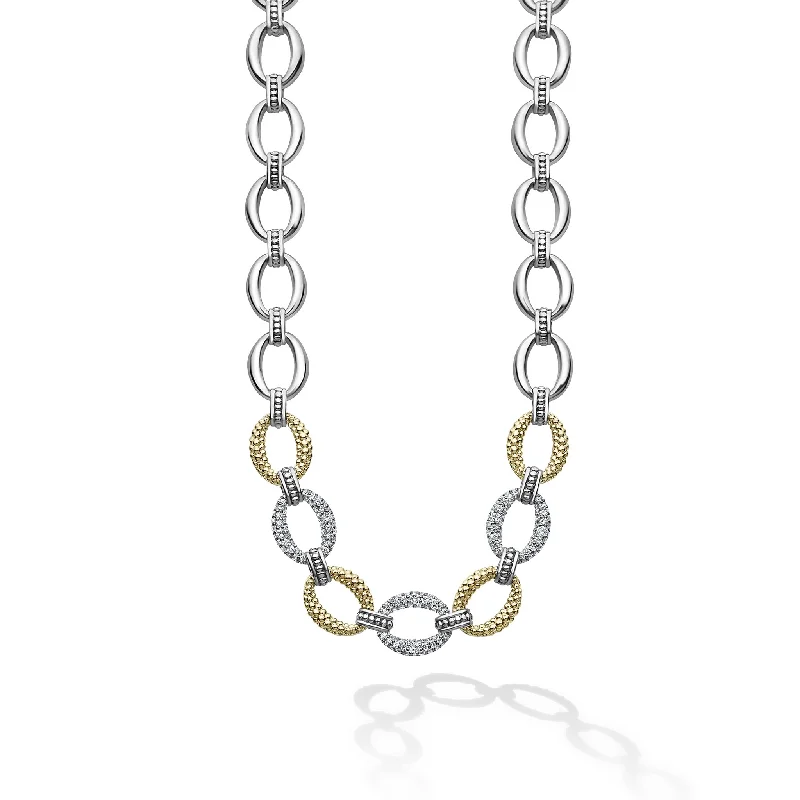 Unique Gold Necklace-Caviar Lux Three Station Diamond Link Necklace