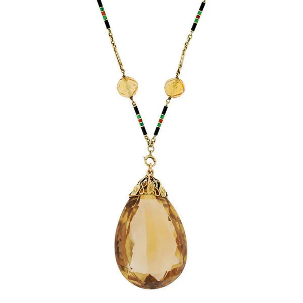 Fashionable Pendant Necklace-Art Deco 14kt Large Citrine Drop Enameled Chain Necklace