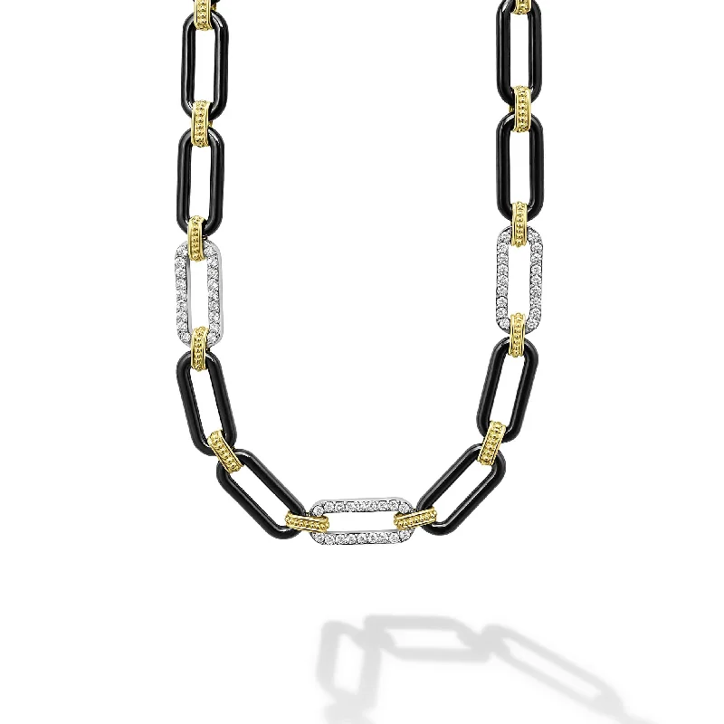 Moonstone Necklace-Signature Caviar 18K Gold and Black Ceramic Three Diamond Station Link Necklace | 9mm