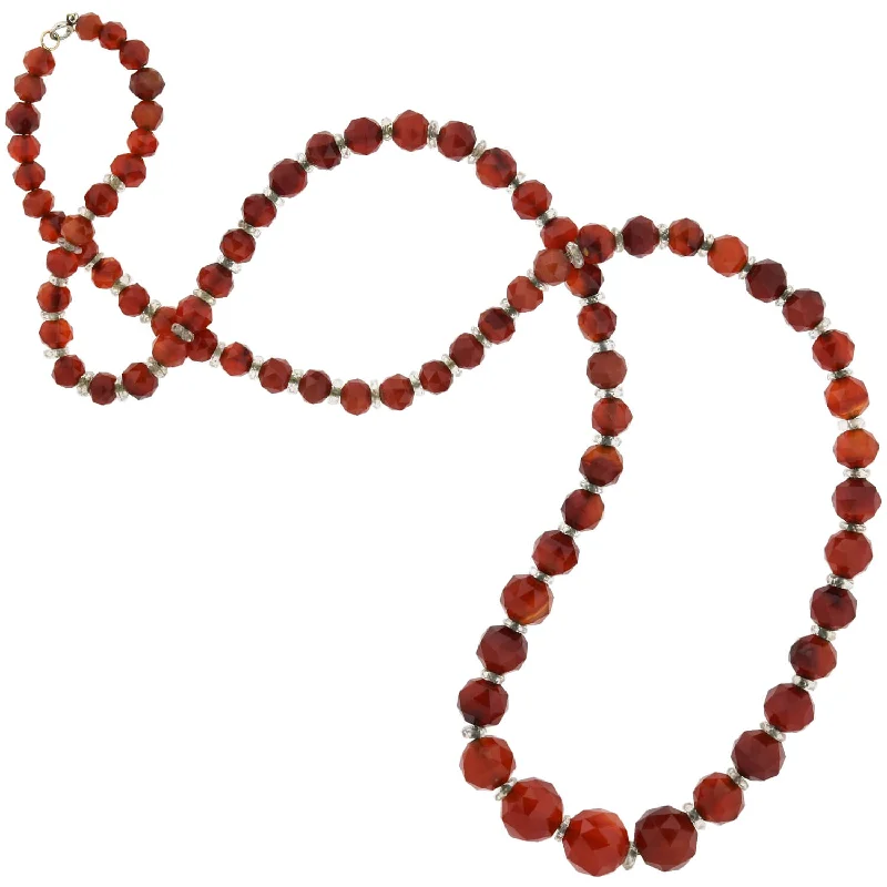 Layered Heart Necklace-Art Deco Faceted Carnelian + Rock Crystal Graduated Bead Necklace 28.5"