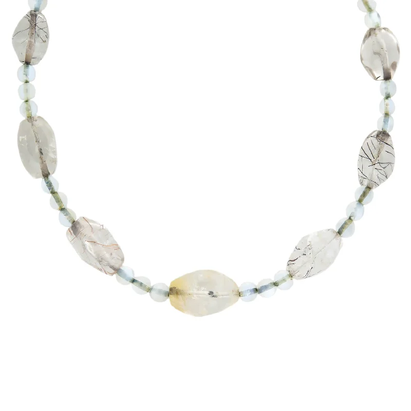 Silver Pendant Necklace-Retro Rainbow Moonstone Bead + Rutilated/Tourmalated Quartz Necklace with 14kt Clasp