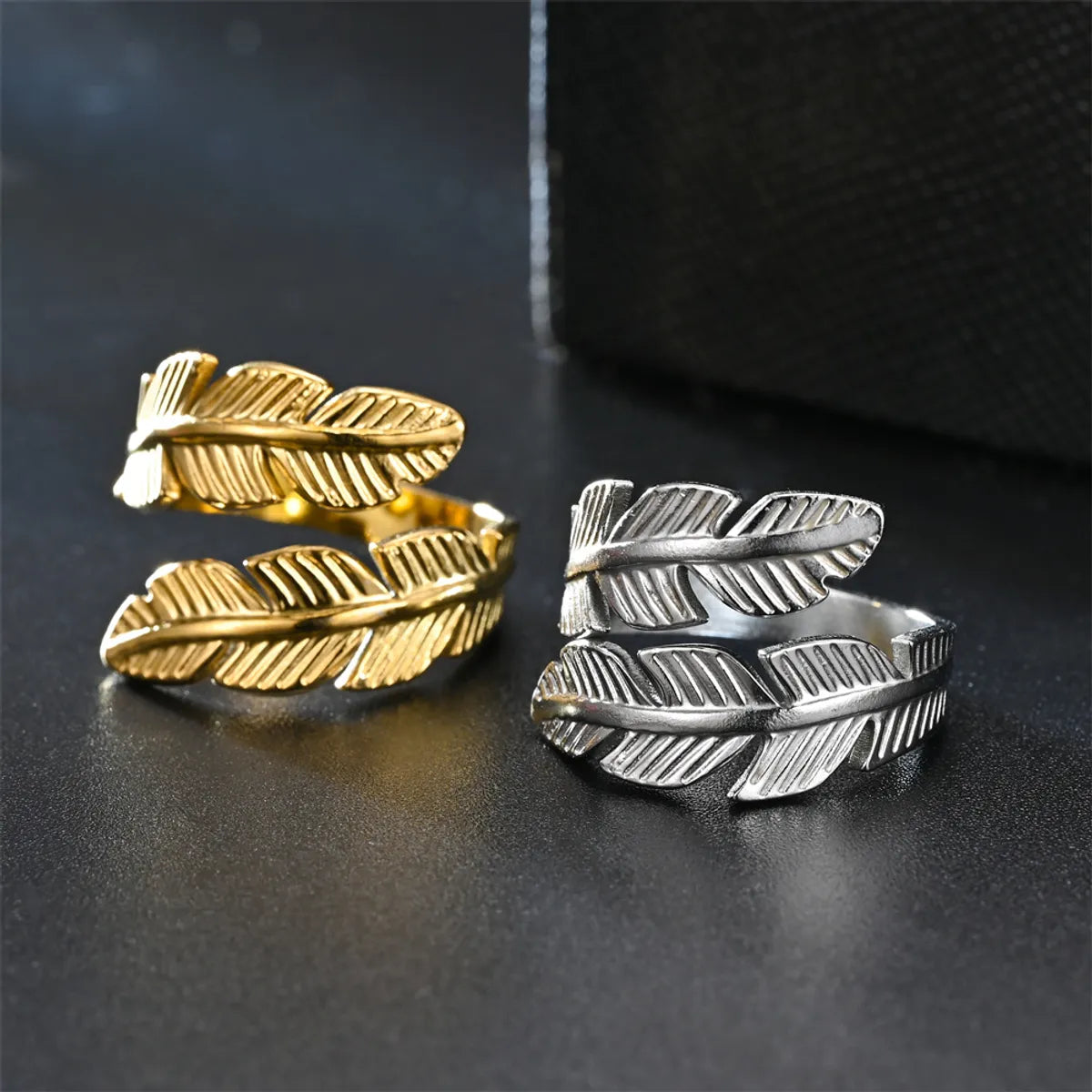 Unique Gold Wedding Band-Simple Style Leaves Stainless Steel Women'S Open Ring