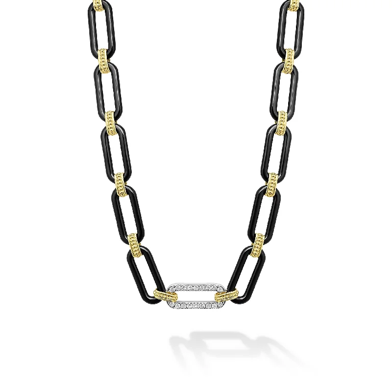 Elegant Gold Pendant Necklace-Signature Caviar 18K Gold and Black Ceramic Diamond Station Link Necklace | 9mm