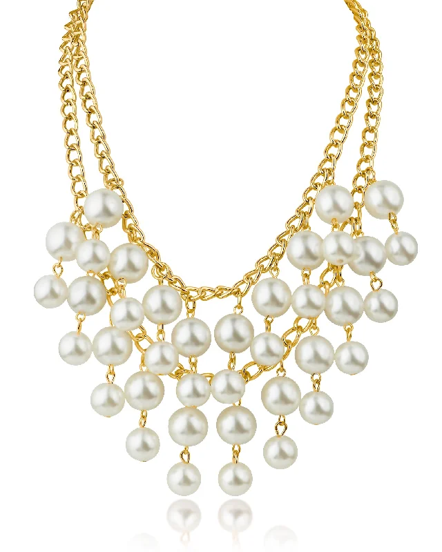 Gold Oval Pendant Necklace-Double Chain and Pearl Necklace