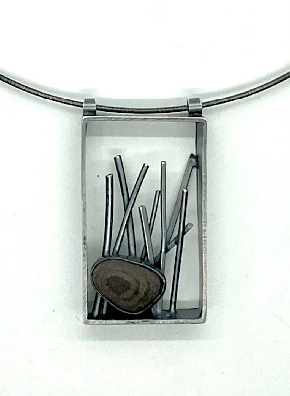 Custom Silver Heart Necklace-Rectangle grass and rock pendant