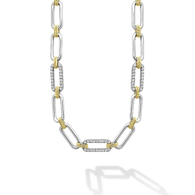 Beaded Necklace for Summer-Signature Caviar Two-Tone Link Three Station Diamond Necklace