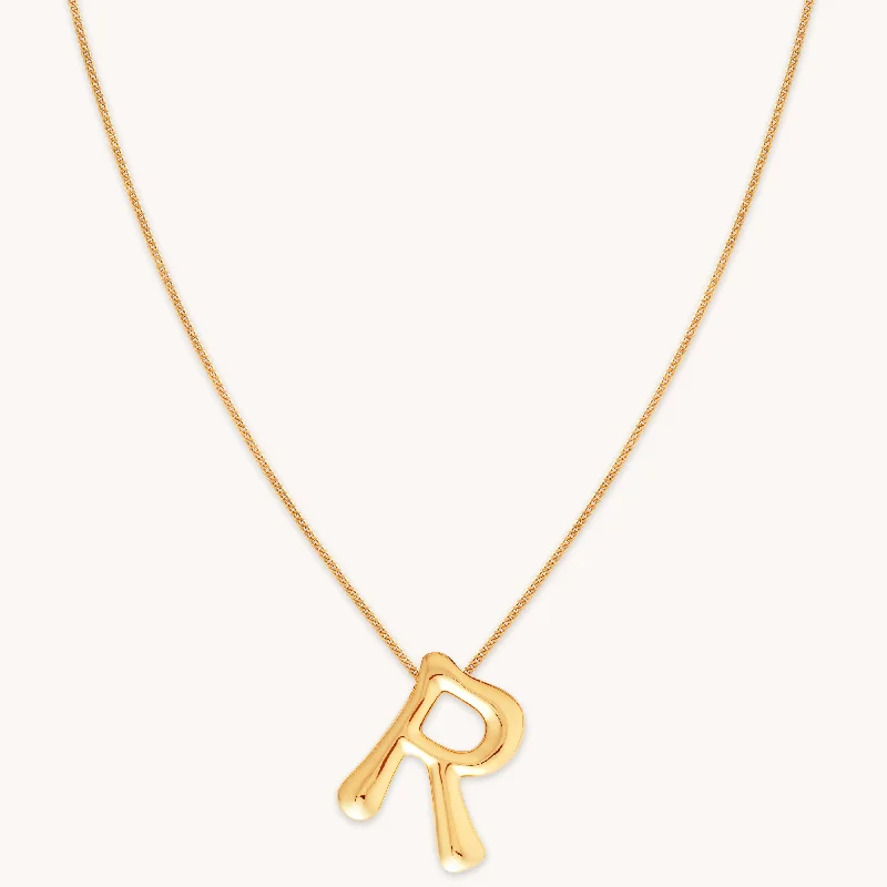 Bead Chain Necklace-R Initial Bold Pendant Necklace in Gold