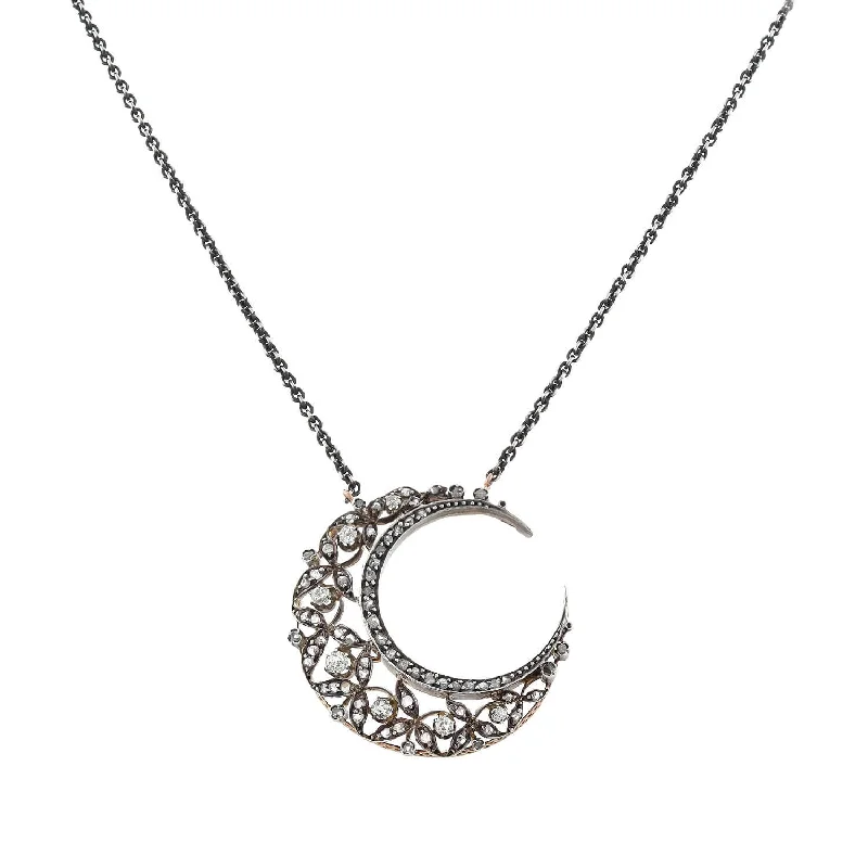 Rose Gold Chain Necklace-Victorian Conversion 18kt/Sterling Diamond Crescent Moon Necklace