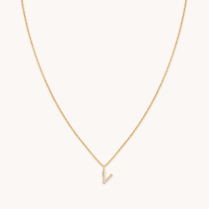 Custom Silver Pendant Necklace-V Initial Pavé Pendant Necklace in Gold