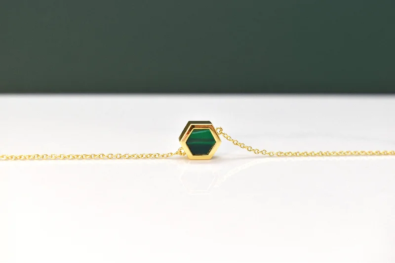 Silver Heart Pendant Necklace-Gold Geometric Necklace with Emerald Gemstone Clay, Minimal Hexagon Necklace 14k