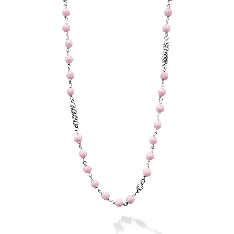 Layered Silver Pendant Necklace-Caviar Icon Pink Ceramic Beaded Necklace