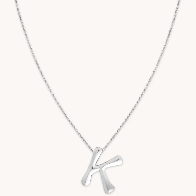 Simple Bar Necklace-K Initial Bold Pendant Necklace in Silver