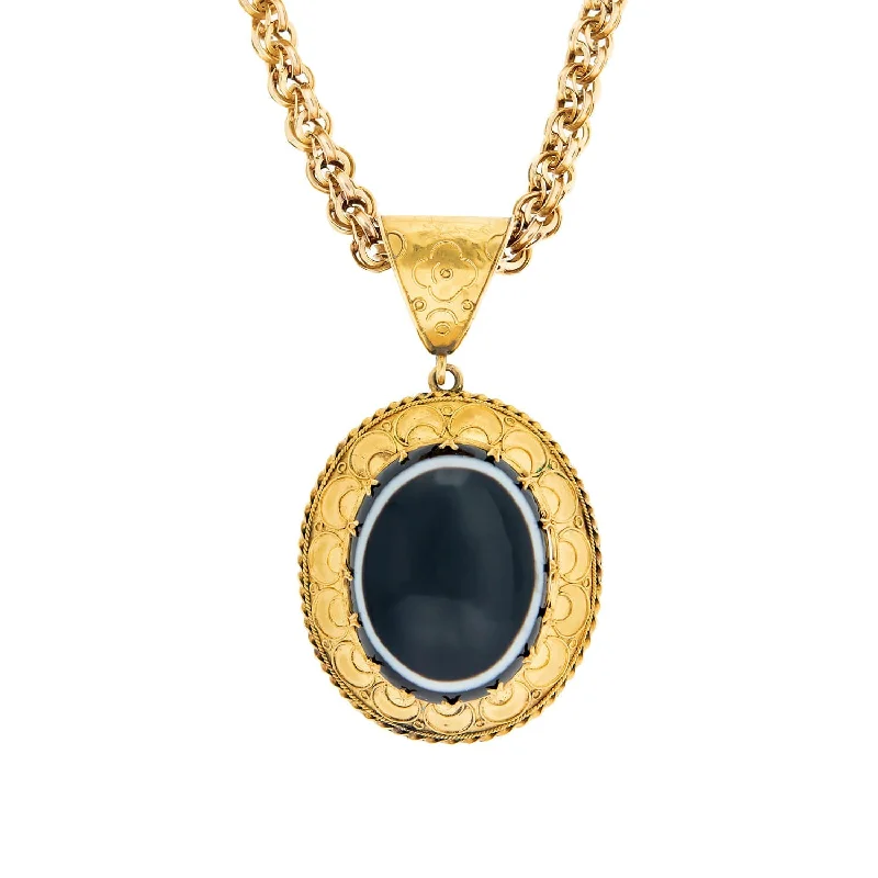 Double Gemstone Necklace-Victorian 18k Banded Agate Etruscan Pendant Necklace