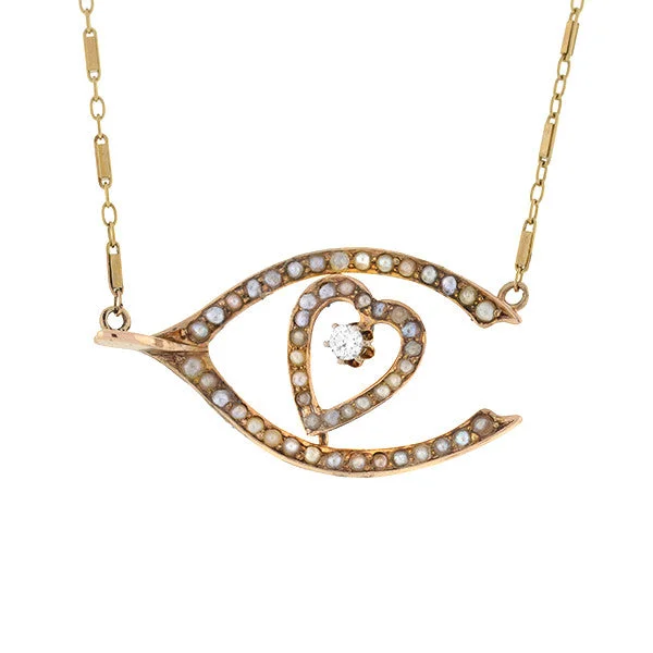 Classic Silver Necklace-Victorian 14kt Pearl & Diamond Wishbone & Heart Necklace