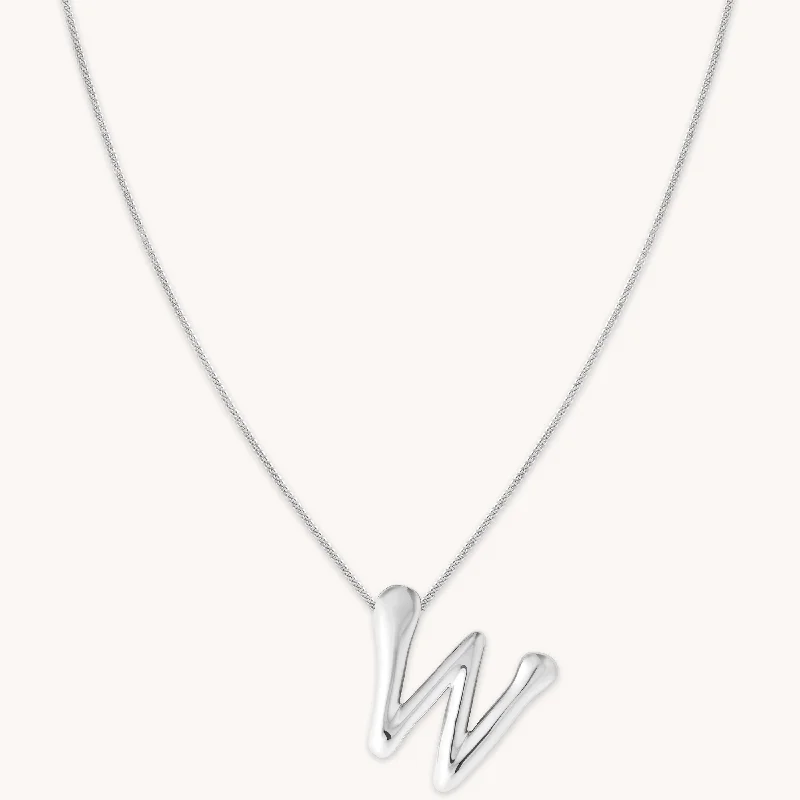 Double Chain Necklace-W Initial Bold Pendant Necklace in Silver