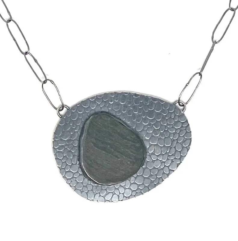 Sterling Silver Pendant Necklace-Patterned Rock Necklace