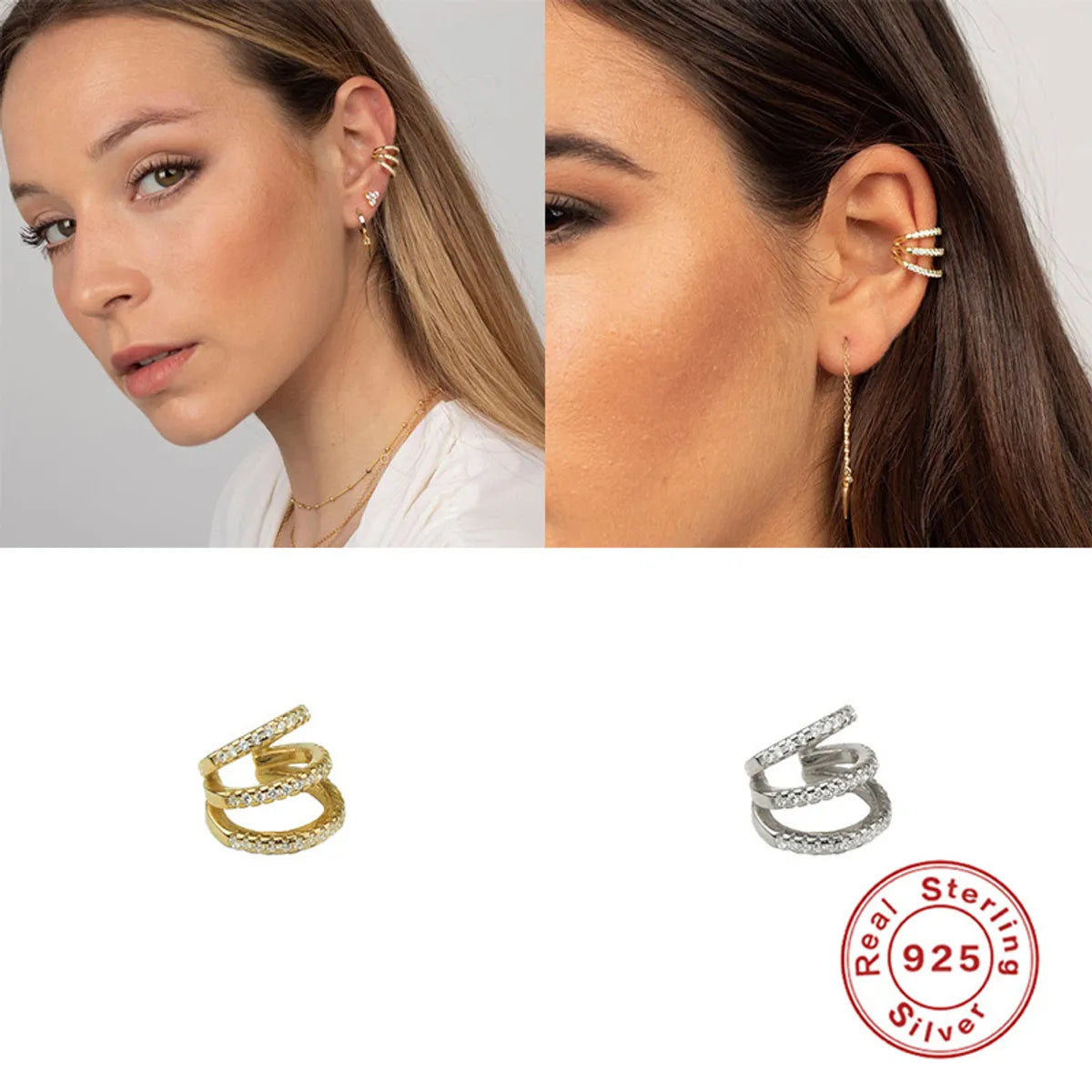 Luxury Cocktail Ring-1 Piece Vintage Style Simple Style Roman Style C Shape Geometric Inlay Sterling Silver Zircon White Gold Plated Gold Plated Ear Cuffs