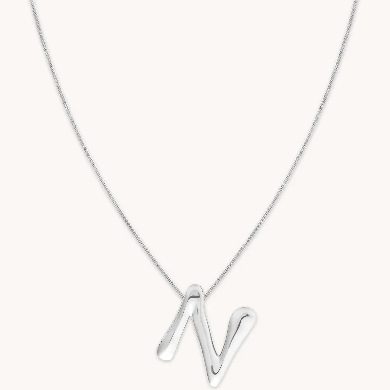 Designer Silver Necklace-N Initial Bold Pendant Necklace in Silver