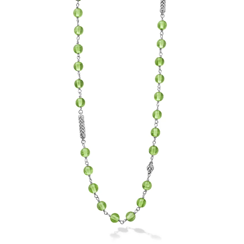 Silver Heart Necklace-Caviar Icon Long Peridot Beaded Necklace