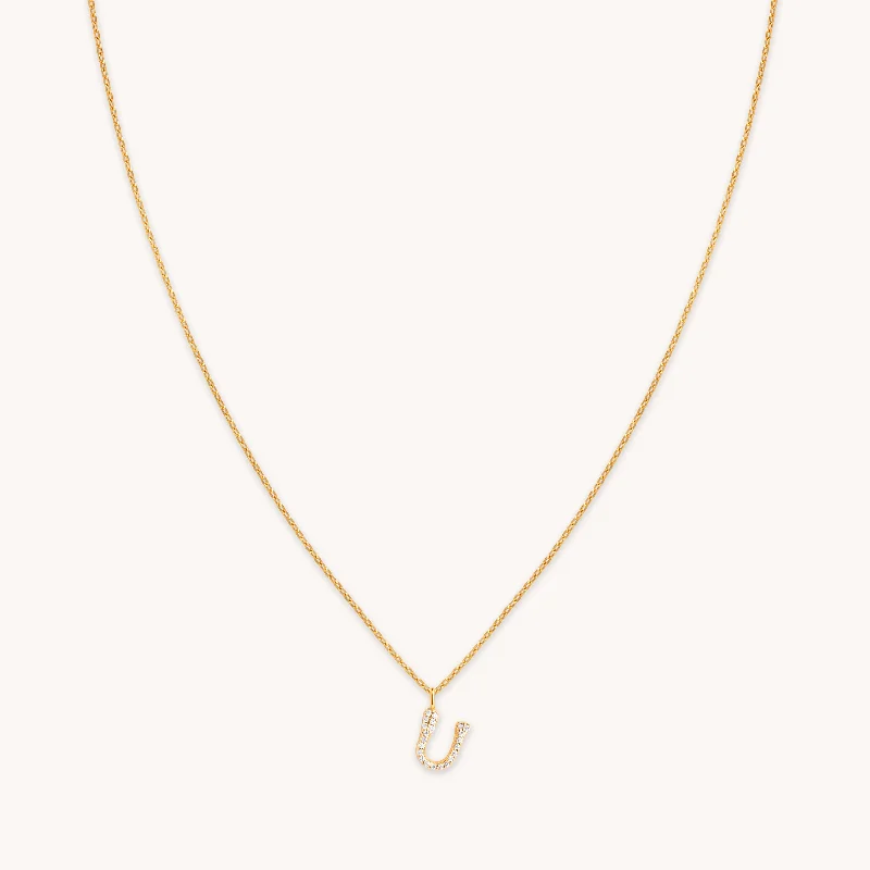 Bright Gold Pendant Necklace-U Initial Pavé Pendant Necklace in Gold