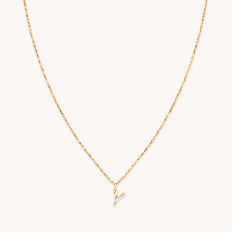 Unique Silver Necklace-Y Initial Pavé Pendant Necklace in Gold