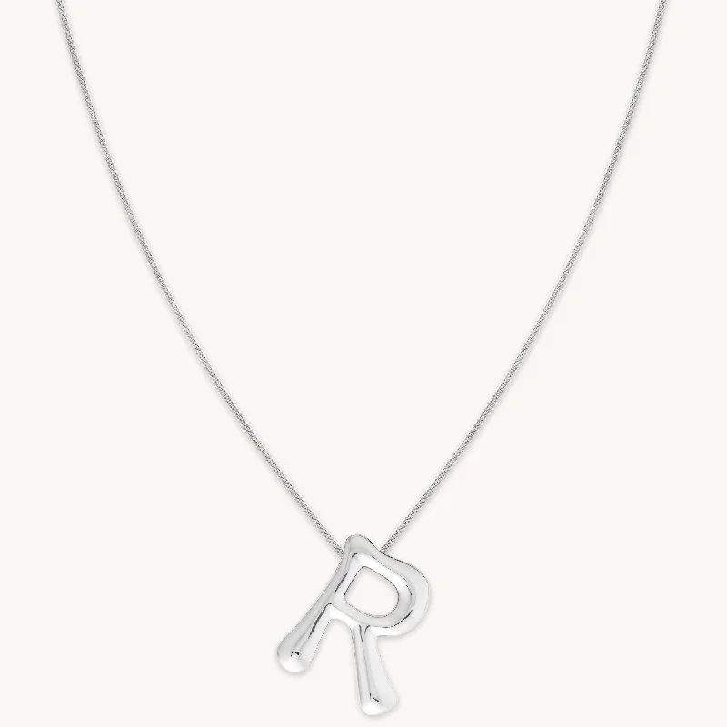 Crystal Charm Necklace-R Initial Bold Pendant Necklace in Silver