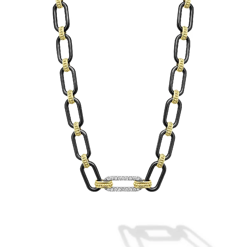 Small Gold Necklace-Signature Caviar 18K Gold and Black Ceramic Diamond Station Link Necklace | 6mm