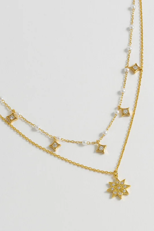 Modern Pendant Necklace-Pearl Star Double Chain Necklace