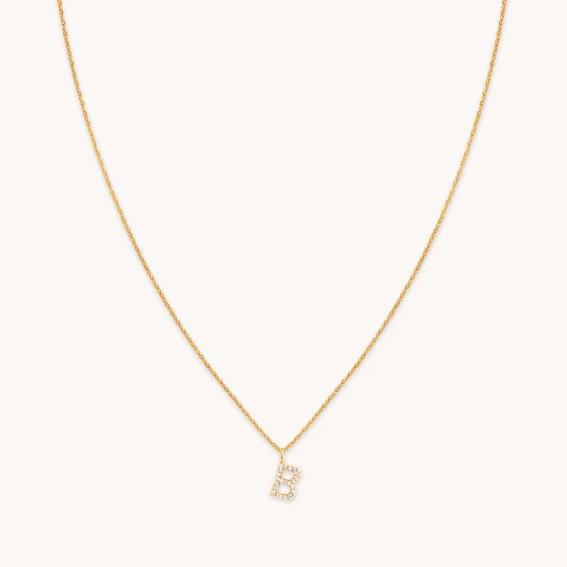 Moon Pendant Necklace-B Initial Pavé Pendant Necklace in Gold